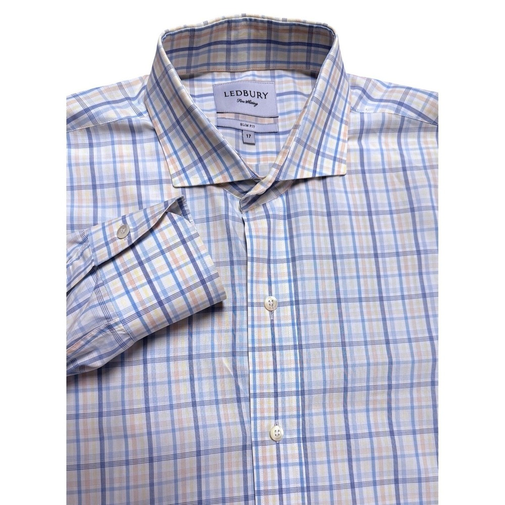 Ledbury Mens Slim Fit Plaid Button Down‎ Shirt Blue White Yellow 17 Ivy League